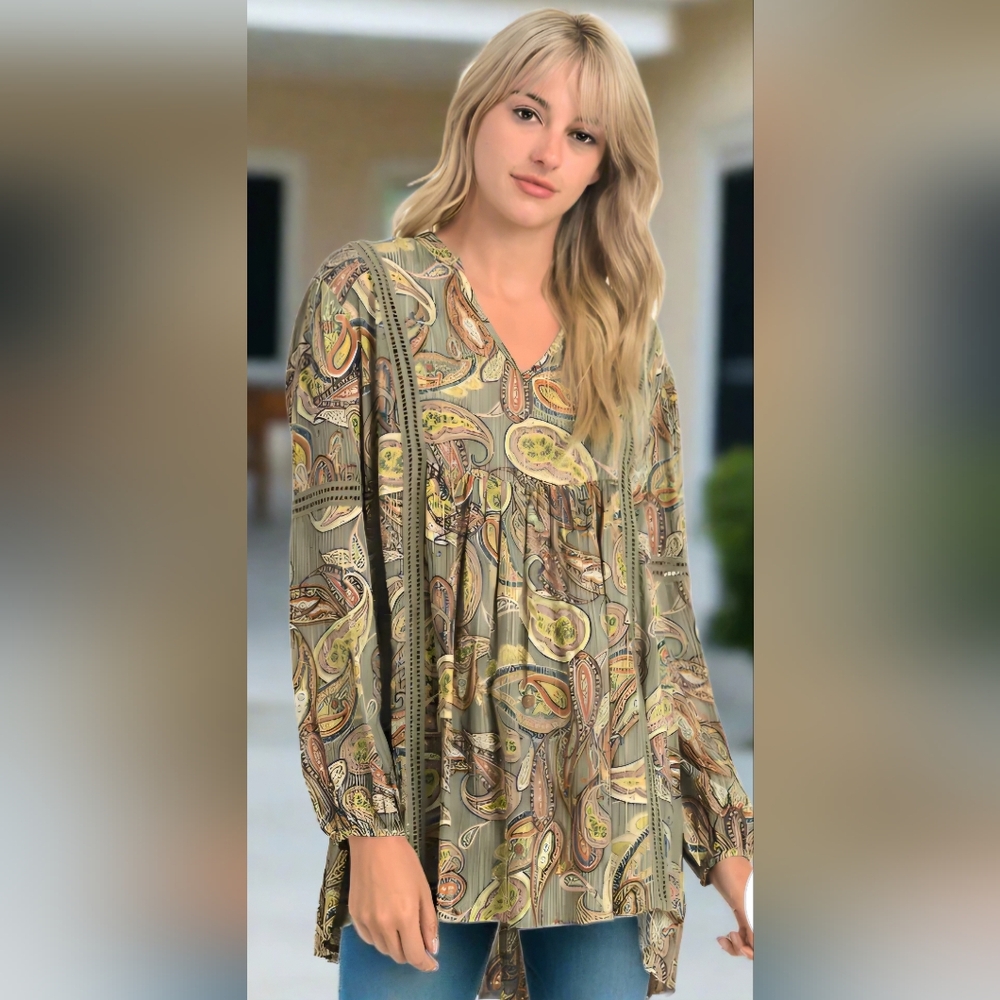 JODIFL Boho Hi-Lo Tunic Olive Mix Paisley Print Medium